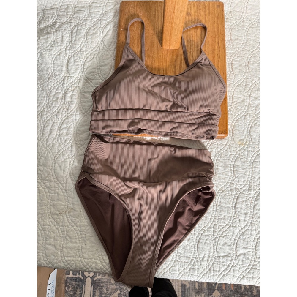 Brown Ribbed High Waisted Bikini Set Two Piece Swimsuit Mauve Size M